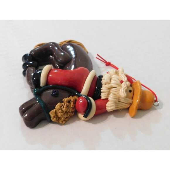 Cowboy Santa Ornament Bucking Bronco Horse Glazed Dough Clay 5"x4" - Picture 5 of 8